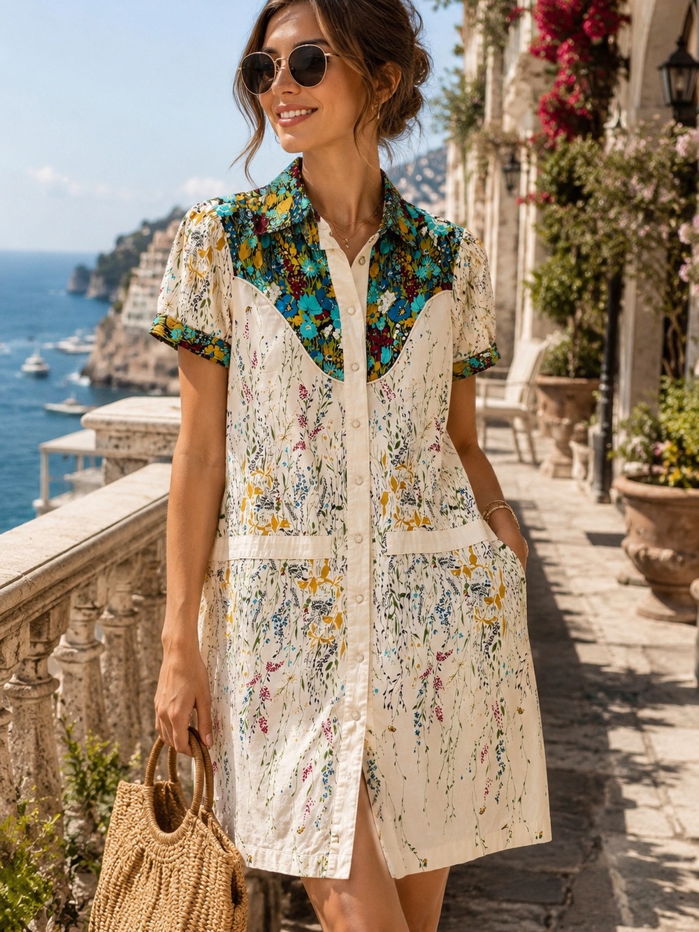 Replay Italian Floral Patchwork Western Shirt Dress Snap Button XS
